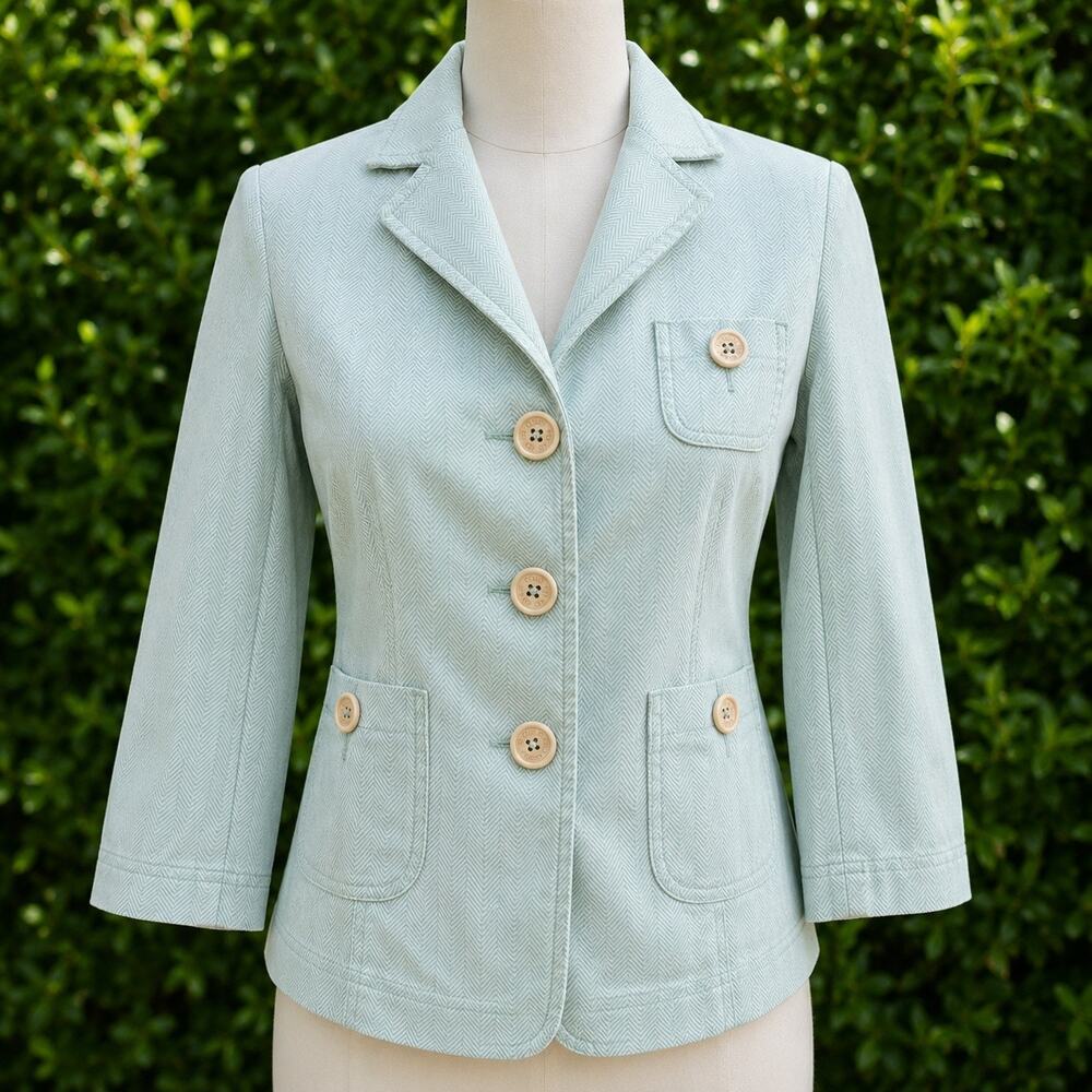 Fossil Cotton Jacket Women’s Medium Mint Green Herringbone Button Front Blazer